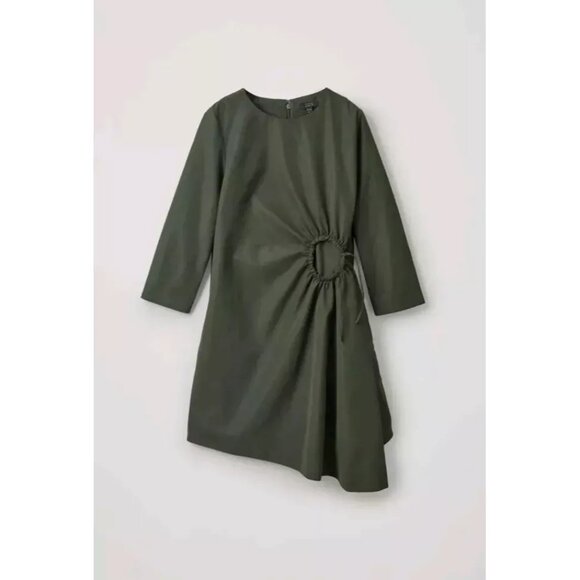 COS Army Green Asymmetrical Hem Gathered Circle A-Line Dress, Size 6 - Picture 1 of 7